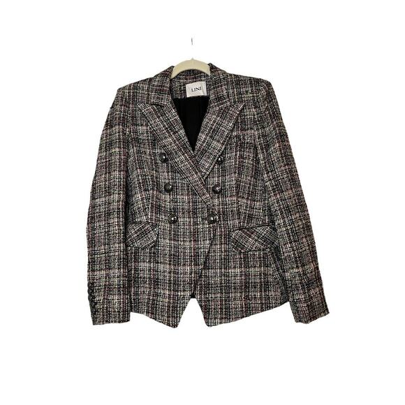 LINI Women's Blue Red McKenzie Tweed Double-Breasted Jacket Blazer Size 4 - Picture 2 of 8
